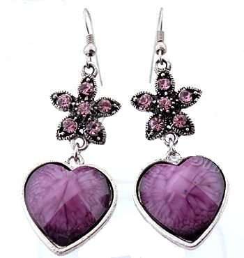 Elegant!! * Purple Crystal Heart Dangle Earrings*