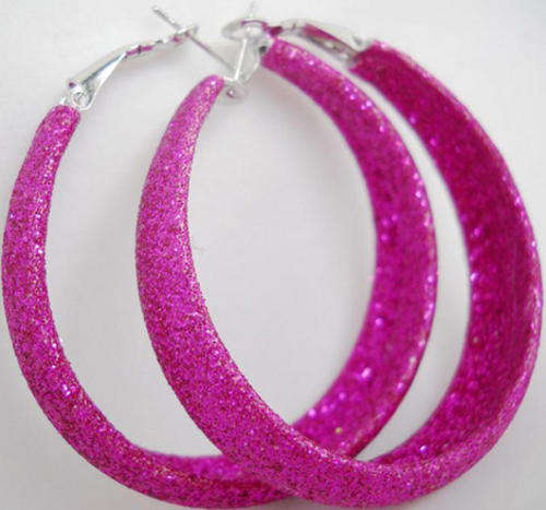 Hot! * Large Pink Glitter Round Hoop Earrings*