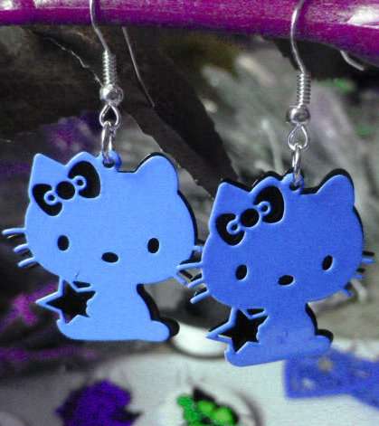 Cute!! * Blue & Black Kitty Dangle Earrings *