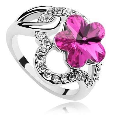 * Silver SP Pink Austrian Flower Crystal Ring SIZE 7.5 / P *