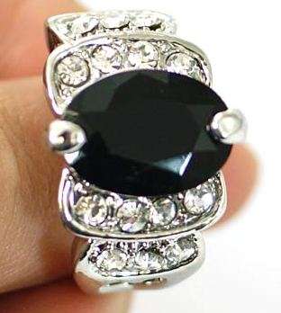 * Silver SP Black Sapphire CZ Cocktail Ring Size 8 / Q *
