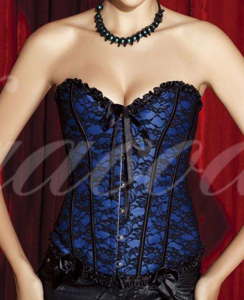 CORSET SALE NOW ON!! Blue Satin Black Lace Evening Corset Size 12 / 36