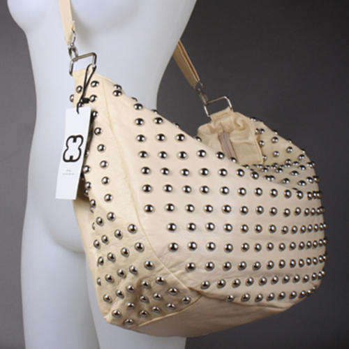 Hot! New PU Leather Studded Ladies Handbag Ivory