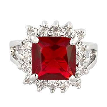 * 18K WHITE GOLD GP SQUARE RUBY & CZ RING SIZE 8 / Q *