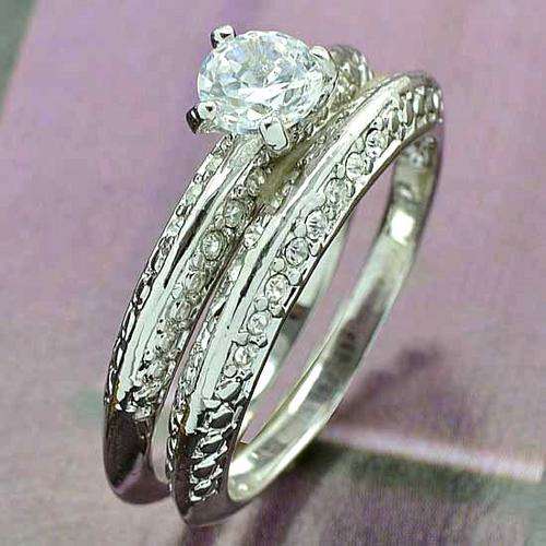 * 9k White Gold Clad White Sapphire Wedding Ring Set Size 8.5 / Q *