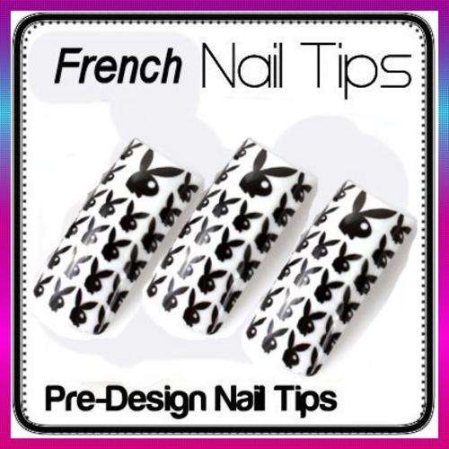 70x Black & White Rabbit Pre Design Gel Acrylic French Nails Tips