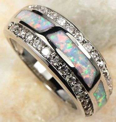 * 925 Silver White Fire Opal & Zirconia Ring Size 8 / Q *