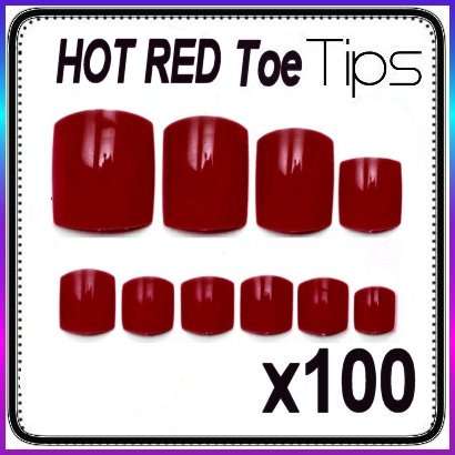 100x Hot Red Toe Nails Gel Acrylic Toe Tips