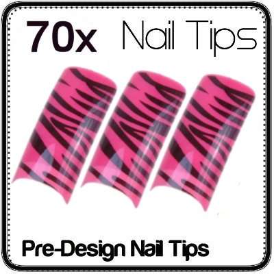 HOT!! 70 x Pink Zebra Pre Design Gel Acrylic Nail Tips