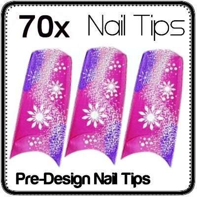 HOT!! 70 x Purple Pink Glitter Pre Design Gel Acrylic Nail Tips