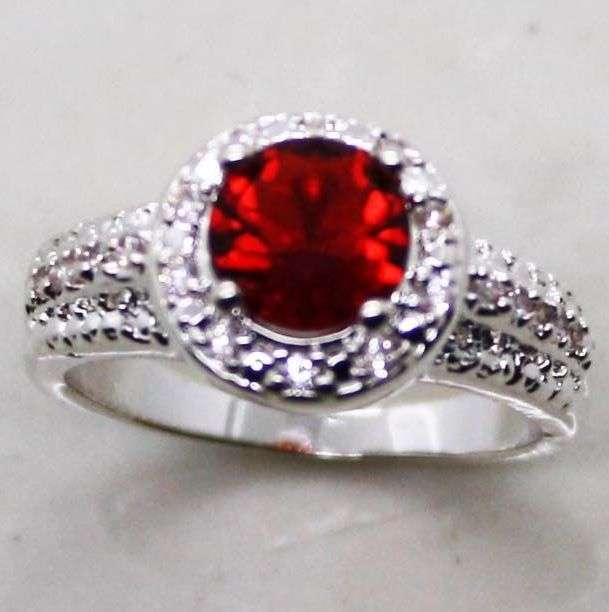 * Red Garnet & CZ Silver SP Ring Size 7.5 / P *