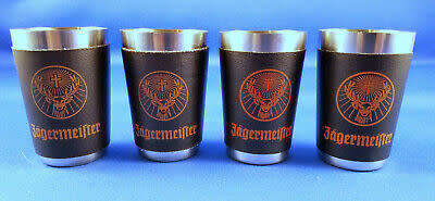 Set of 4 Jagermeister Leather Wrapped Stainless Steel Shot Glasses