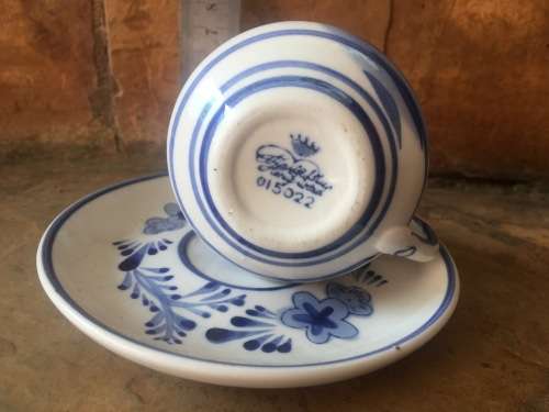 Delft Cup and Saucer with Floral and Windmill Pattern