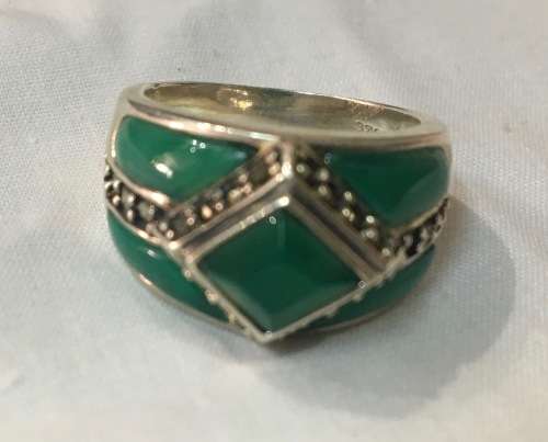 Sterling Silver Jade Ring with Marcasite Accent