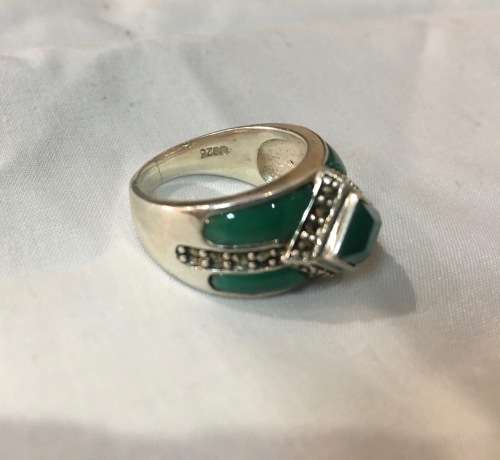 Sterling Silver Jade Ring with Marcasite Accent