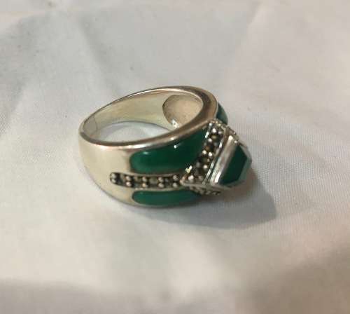 Sterling Silver Jade Ring with Marcasite Accent