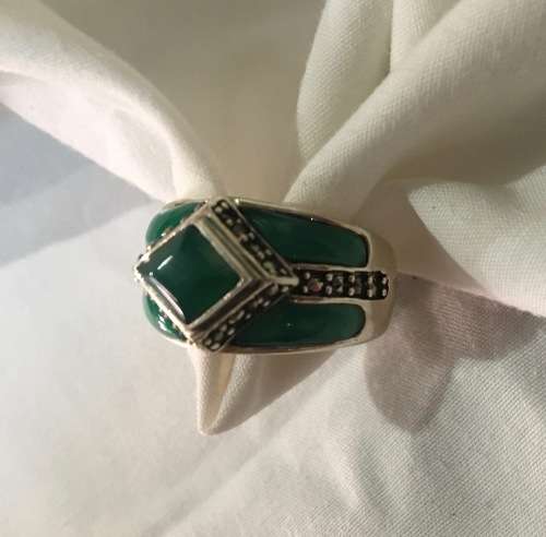 Sterling Silver Jade Ring with Marcasite Accent