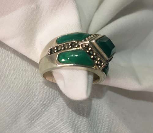 Sterling Silver Jade Ring with Marcasite Accent
