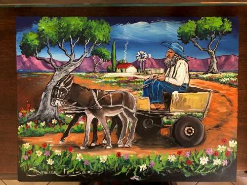 Original Stella Pelser Art - `Ou man op Donkie Karretjie - Fluitende op Pad!`