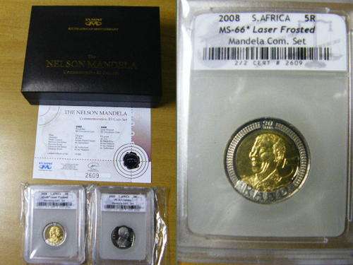 GRADED! RARE NELSON MANDELA COMMEMORATIVE R 5 COIN SET.GRADED PL 63 CAMEO AND MS 66 * LASER FROSTED!