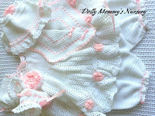 Pink and white crocheted dress set