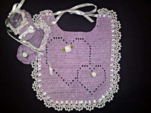 Lavender crochet baby bib and booties