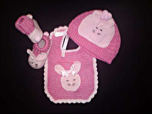 Crochet rabbit bib, booties and hat set