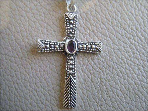 SILVER HALLMARKED CROSS WITH INTRICATE DESIGN AND AMETHYST STONE