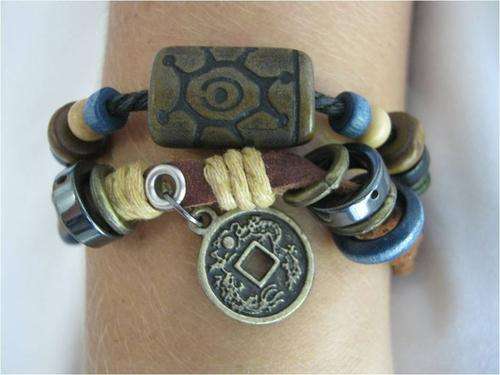 CRAZY LEATHER AND CORDS, BEADS AND GOOD LUCK CHINESE COIN