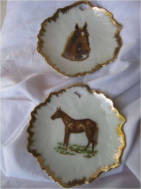 TWO ORNATE SMALL PLATES WITH HORSES DESIGN & GOLD TRIM