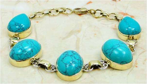 TURQUOISE STONE BRACELET SILVER & BRAAS
