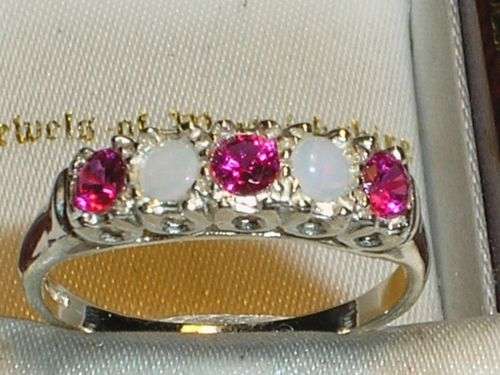 ENGLISH SILVER REAL OPAL & CREATED RUBY ETERNITY RING - size P