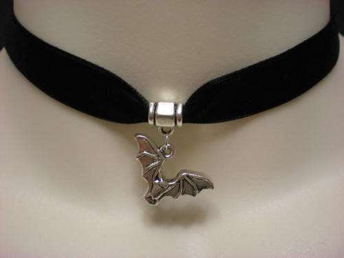 CLASSY GOTHIC CHOKER WITH BAT PENDANT AND BLACK VELVET RIBBON