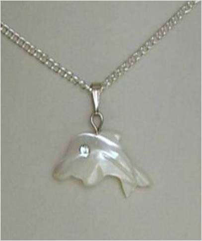 NATURAL MOTHER OF PEARL DOLPHIN PENDANT ON SILVER PLATED CHAIN.