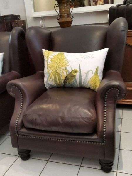Matching Pair of Genuine Leather  Wingback Chairs