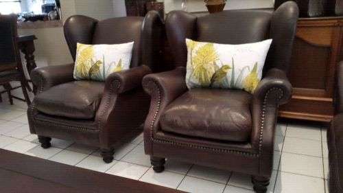 Matching Pair of Genuine Leather  Wingback Chairs
