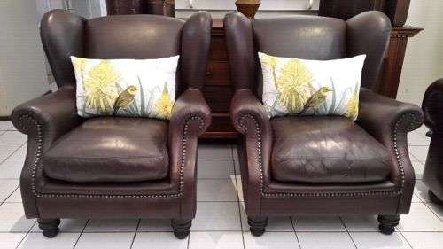 Matching Pair of Genuine Leather  Wingback Chairs