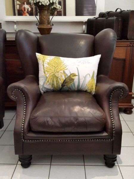 Matching Pair of Genuine Leather  Wingback Chairs