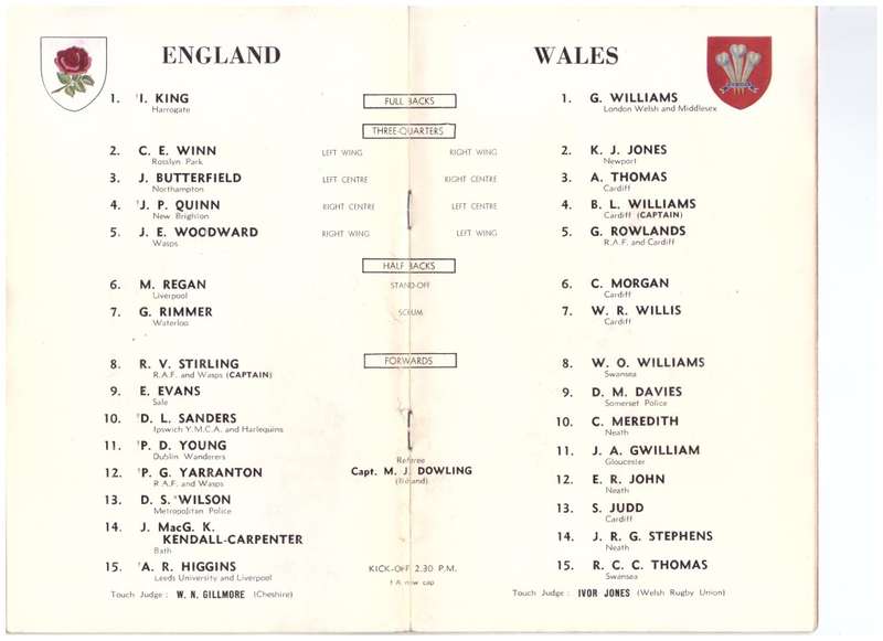 RUGBY : 1954 ENGLAND vs WALES PROGRAMME