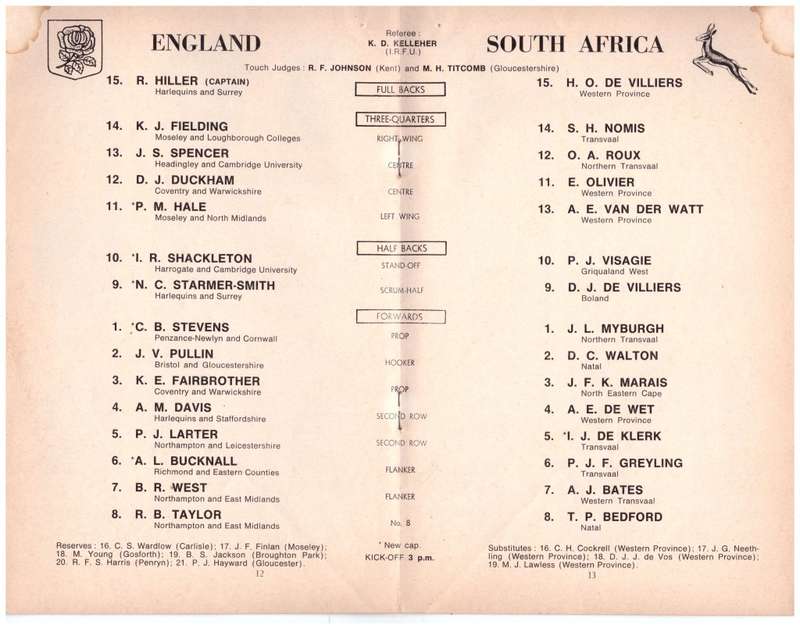 RUGBY : 1969 ENGLAND vs SOUTH AFRICA PROGRAMME