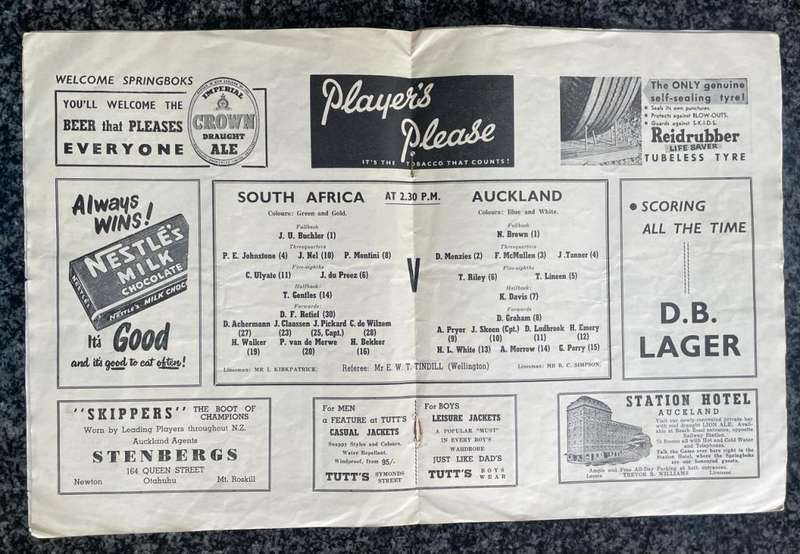 RUGBY : 1956 AUCKLAND vs SOUTH AFRICA PROGRAMME
