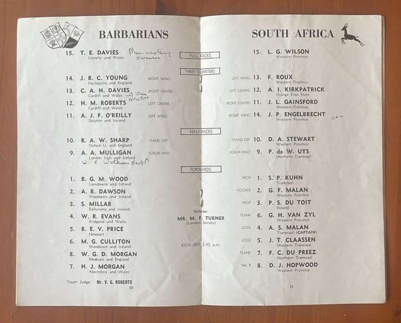 RUGBY 1961 : BARBARIANS vs SOUTH AFRICA @ CARDIFF ARMS PARK ON 4 FEB 1961
