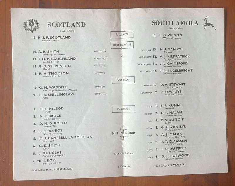 RUGBY 1961 : SCOTLAND vs SOUTH AFRICA 21 JAN 1961