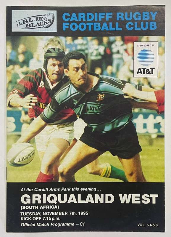 RUGBY 1995 - CARDIFF vs GRIQUALAND WEST @ CARDIFF PROGRAMME - 7/11/1995