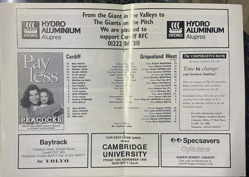 RUGBY 1995 - CARDIFF vs GRIQUALAND WEST @ CARDIFF PROGRAMME - 7/11/1995