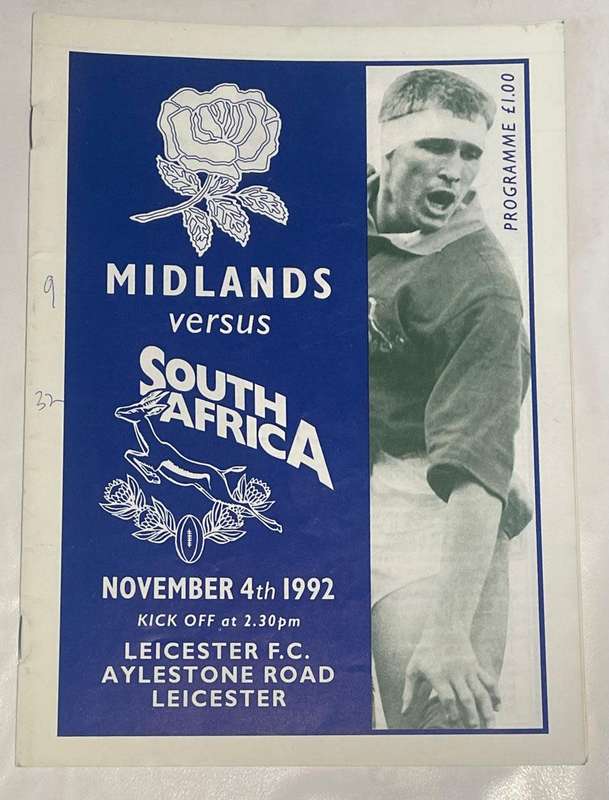 RUGBY 1992 - MIDLANDS ENGLAND VS SOUTH AFRICA @ LEICESTER - MATCH PROGRAMME 4/11/1992