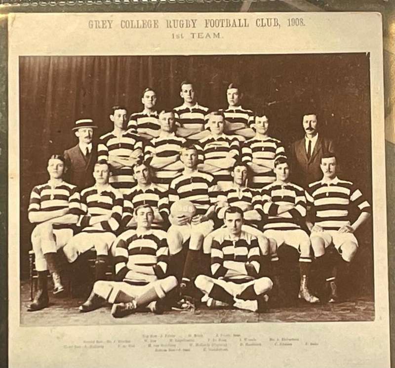 RUGBY 1908 - GREY COLLEGE BLOEMFONTEIN FIRST XV TEAM PHOTO - ON ORIGINAL POSTCARD