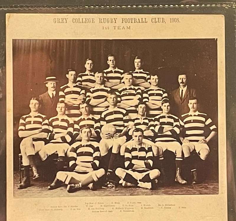 RUGBY 1908 - GREY COLLEGE BLOEMFONTEIN FIRST XV TEAM PHOTO - ON ORIGINAL POSTCARD