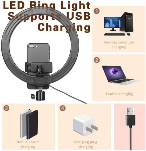 Ring Light 10" with Adjustable Tripod Stand & Phone Holder for Youtube Video, Dimmable Desk LED Ring