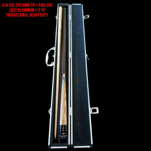 Ash Pool Cue 2PC  8mm Tip + Pool Cue Case Aluminum 1/2 Pc Professional Heavy Duty